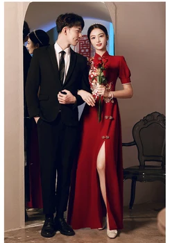 Китайское Свадебное платье с вышивкой, Свадебный Чонсам для Женщин, Винно-красное Вечернее платье Русалки, Костюм Qi Pao, Элегантное Длинное платье