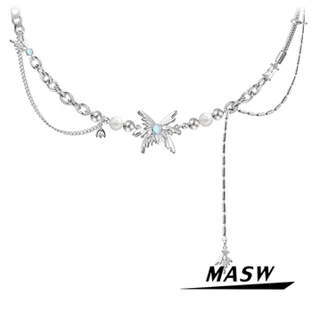 MASW Оригинальный Дизайн, Сладкие ювелирные Изделия, Высококачественное Латунное Толстое Посеребренное Ожерелье с подвеской в виде Бабочки Для женщин, подарок для девочек