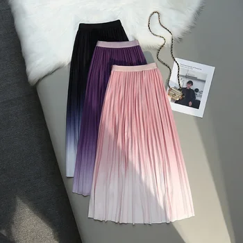 Плиссированная юбка Градиентного цвета, Женская юбка с высокой талией, Тонкие Сказочные Драпированные Юбки средней длины, Женские корейские Элегантные Faldas Mujer