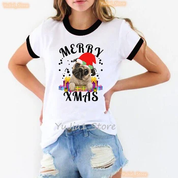 2023 Кавайная футболка с принтом Мопса для девочек, Веселые Рождественские Подарки, Футболка Для Женщин, Милая футболка Для Любителей Собак, Женская Одежда в Стиле Харадзюку