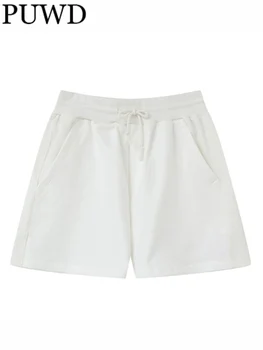 PUWD Женские хлопковые спортивные шорты 2023, летние модные женские шикарные винтажные белые шорты с завязками, женские однотонные плавки