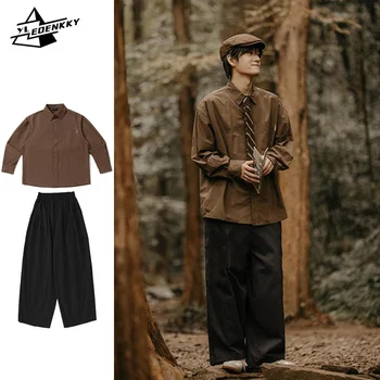 Японский Ретро-комплект Для мужчин и женщин в стиле Харадзюку, однотонная рубашка с длинными рукавами + Свободные повседневные брюки-карго с прямыми штанинами, костюм-двойка для пары