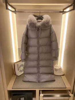 Новая зимняя пуховая куртка Женская с длинным воротником из лисьего меха и капюшоном выше колена