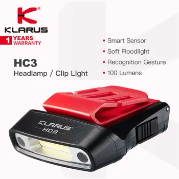 Перезаряжаемый налобный фонарь Klarus HC3 с зажимом и оголовьем, 100 Люмен, Интеллектуальный датчик, Распознавание жестов, Несколько источников света