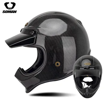 SOMAN Новый Мотоциклетный Карбоновый Ретро-внедорожный шлем из углеродного Волокна, Индивидуальность, Полный шлем Для Верховой Езды, Мужской и женский шлем, Точечный Стандарт